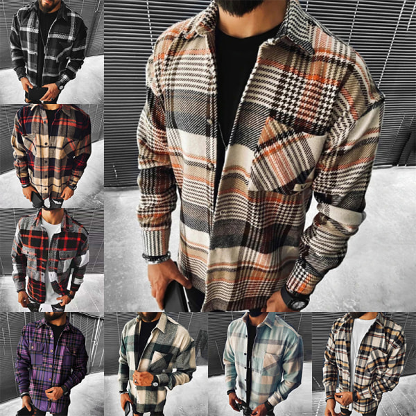 Herre plaid langærmede skjorter Casual Lapel Streetwear frakke Svart L