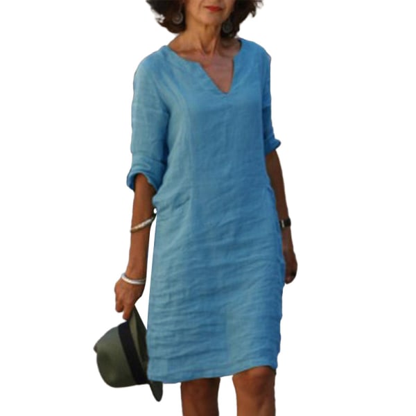 Kvinder V-hals tunika midi kjole 3/4 ærmer T-shirt kjoler Light Blue L