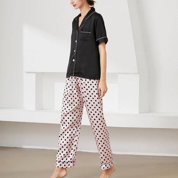 Kvinder 2 stykke pyjamas sæt kortærmede toppe + bukser nattøj Black Pink Polka Dots L