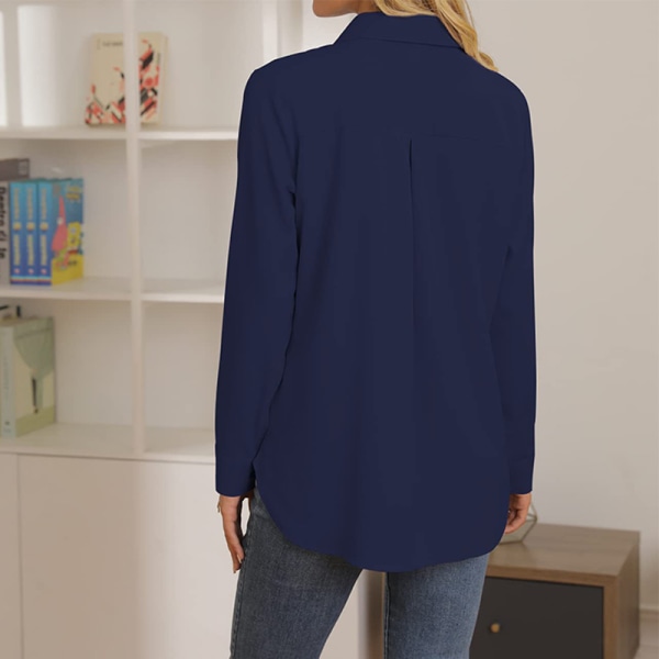 Damer Casual OL kontorskjorta blus Lös långärmad t-shirt Dark Blue XL