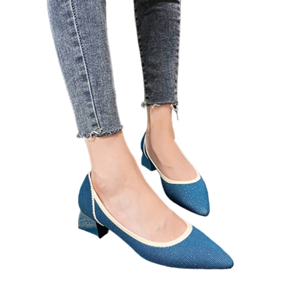 Kvinner spiss tå Mid Heel Office Strikket Pump Dress Shoes Work Blue 40