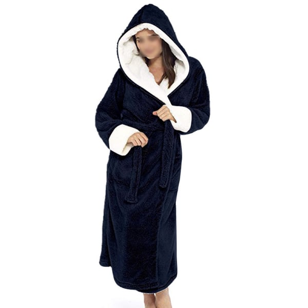 Dam långärmad fuzzy plysch badrock med bälte i fleece Marinblå XL