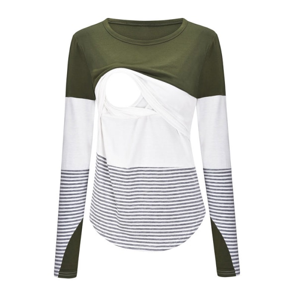 Kvinder Crew Neck Ammeskjorte Patchwork Amme Top Militärgrön L