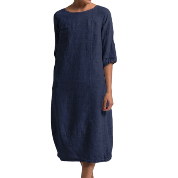 Kvinnor Enfärgad midiklänning Vanlig lös halvärmad klänningar Navy Blue 3XL