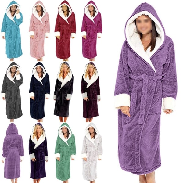 Langærmet fuzzy plys badekåbe til kvinder med bælte i fleece Marinblå 2XL
