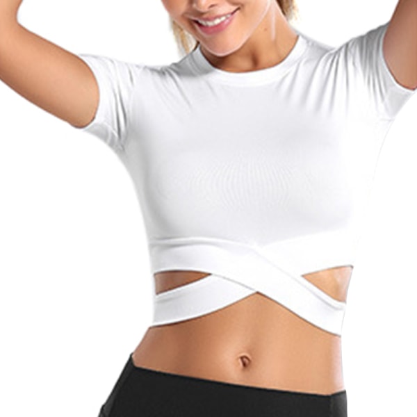 Kvinder Sport Yoga Crop Tops Kortærmede Running Fitness T-shirts White,XL