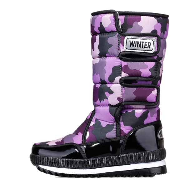 Unisex Casual Rund Toe Mid Calf Boot Platform Vintervarme sko Lila kamouflage för kvinnor 37