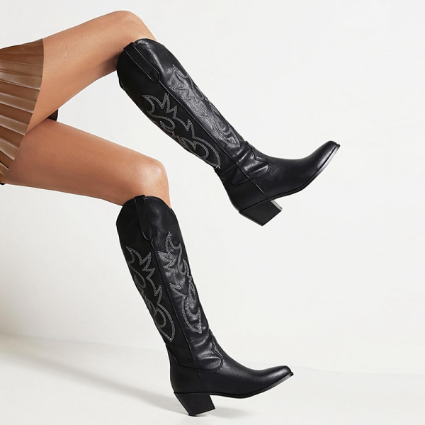 Kvinder broderede knæhøje cowboystøvler Mode vestlige sko Svart 44