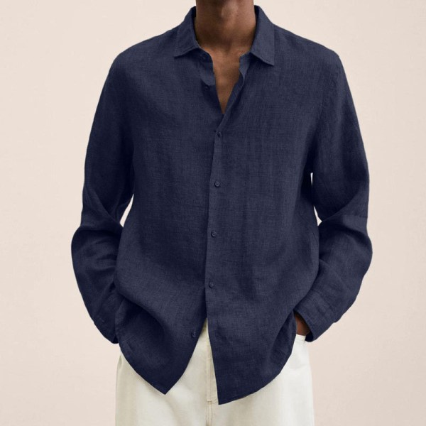 Langærmet skjorte til mænd Solid Casual Baggy Toppe Bluse Marinblå M