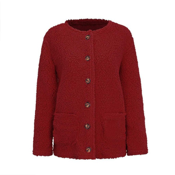 Dame varm fluffy frakke fleece knap jakke vinter outwear Röd XL