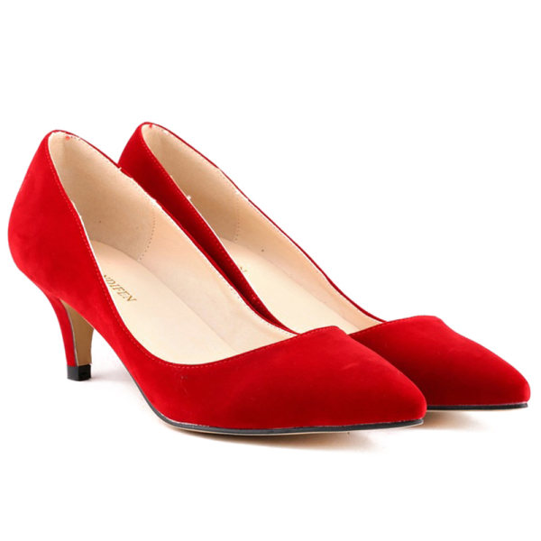 Kvinder Pointy Toe Pumps Mid Heel Shoe Velvet Cloth Party Bryllup Red 36