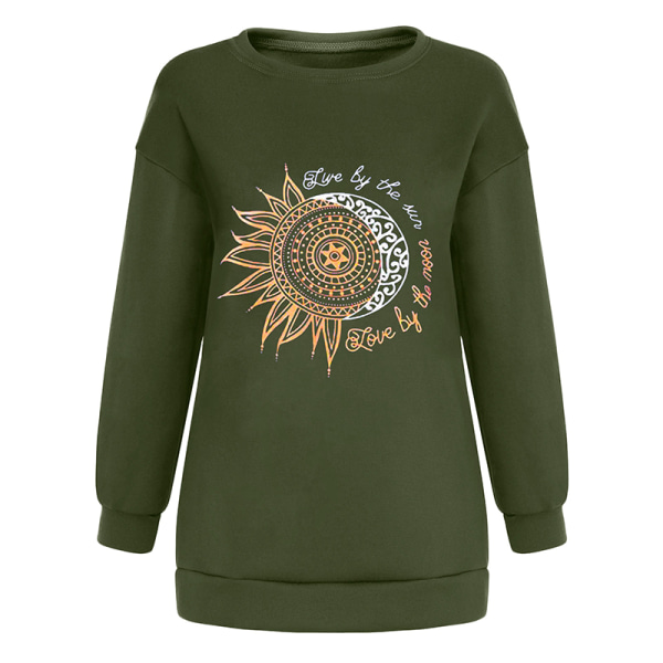Kvinders Casual Scoop Neck Langærmede Vinter Pullover Toppe Army Green Sunflower 3XL