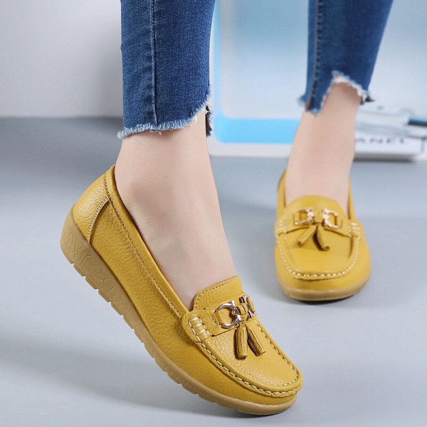 Dame rund tå flade sko Loafers Mokkasiner kvast sygeplejerske Yellow 35