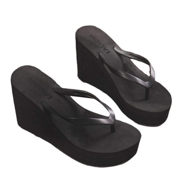 Klip-on-sandaler for kvinner. Tøfler med middels høy kilehæl Black 37