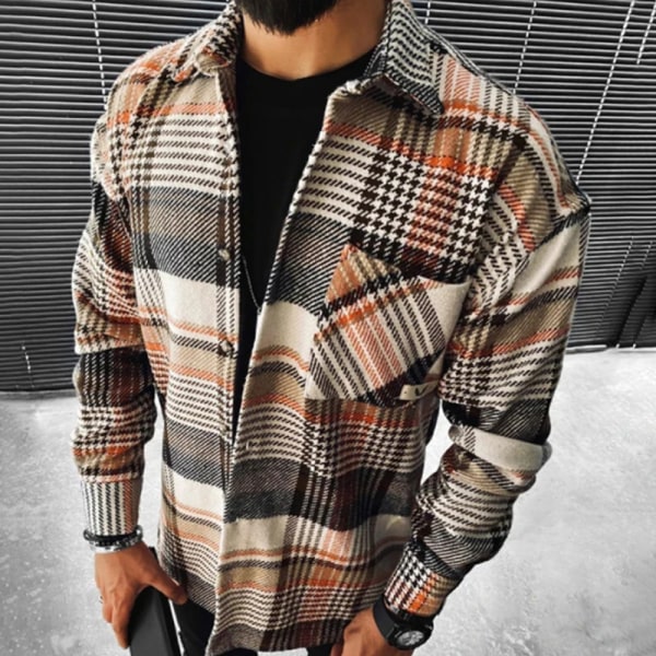 Herre plaid langærmede skjorter Casual Lapel Streetwear frakke Blommig M