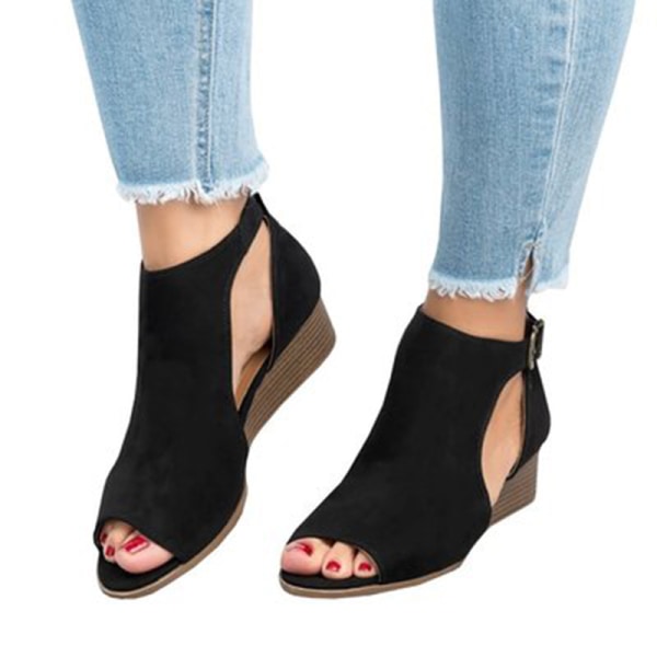 Kvinnors högklackade sandaler Spänne Roman Wedge Sandal öppen tå Black 36