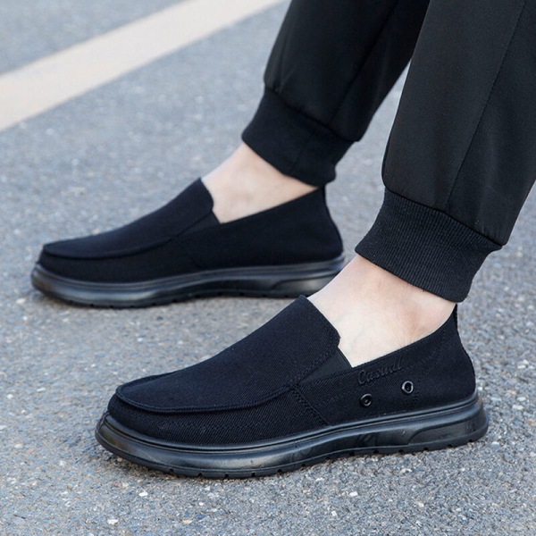 Herre Slip On Flats Casual Canvas Sko Komfortable sneakers Svart-1 38