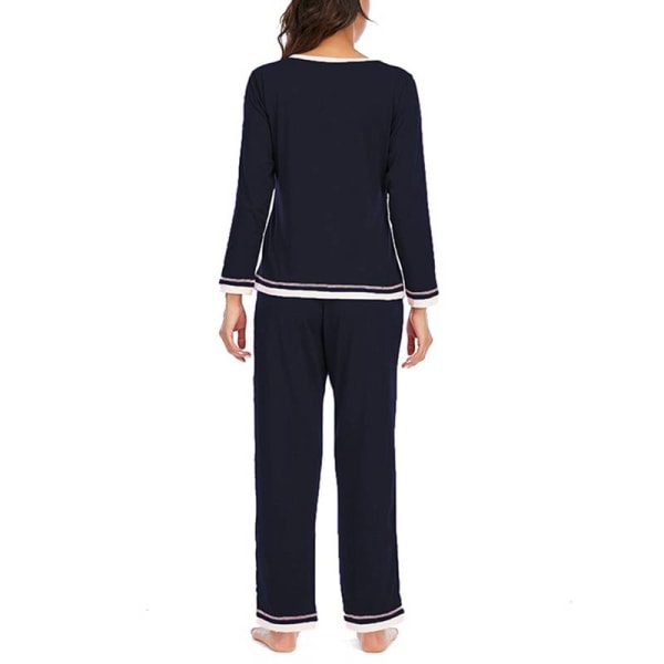 Kvinnor Långärmad Pyjamas Set V Neck Nattkläder Loungewear kostym Dark Blue,S