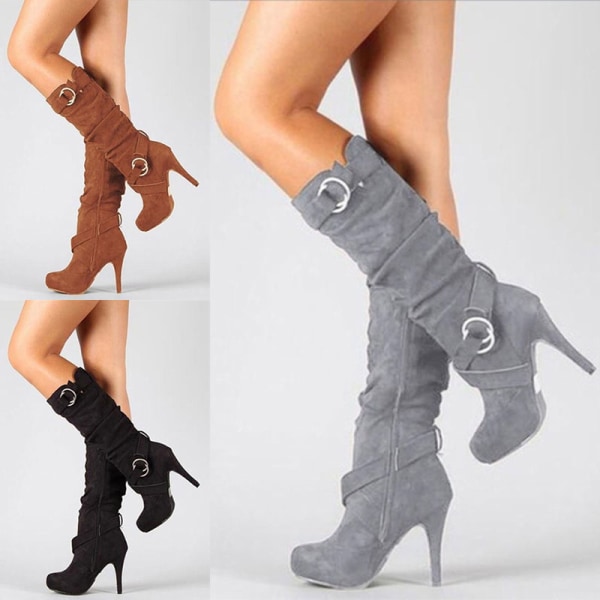 Kvinders varme høje rørstøvler med fine hæle Casual højhælede sko Black,34