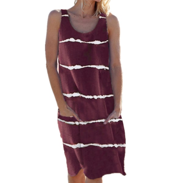 Naisten raidalliset printed tankkimekot Crew Neck Tunika Midi-mekko Claret L