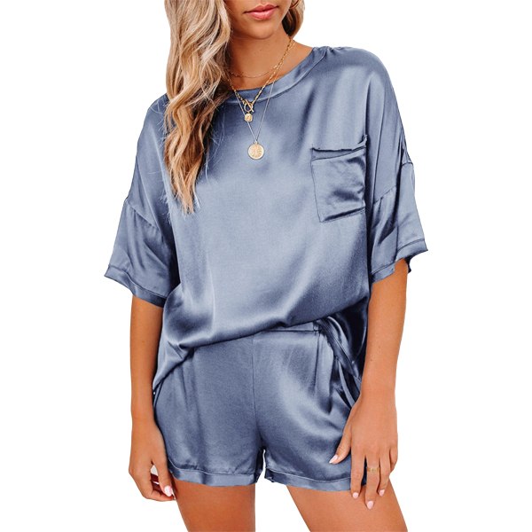 Kvinnor Pyjamas Set med rund hals ficka T-shirts Elastiska band shorts Blue,XL