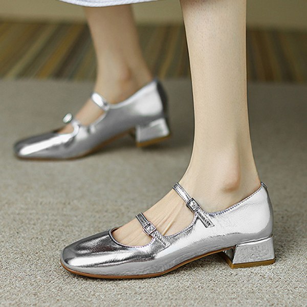 Kvinder Square Head Shoe Comfort Flats Snørebånd Dance Ballets Girl Silver 34