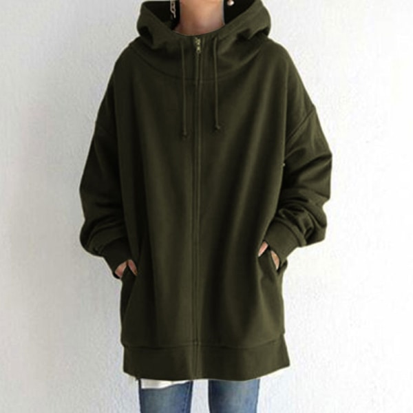 Dame almindelig hættetrøje Langærmet Loose Coat Sweatshirtjakke Militärgrön 5XL