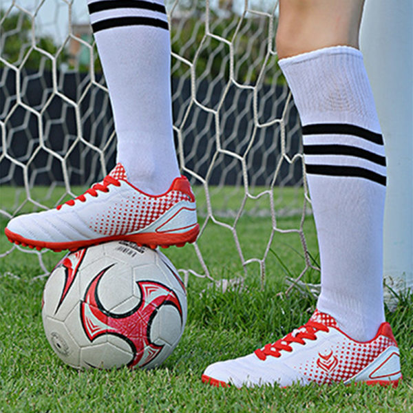 Teenager Unisex fodboldstøvler Spikes Sko Atletik Sneakers White Red 37