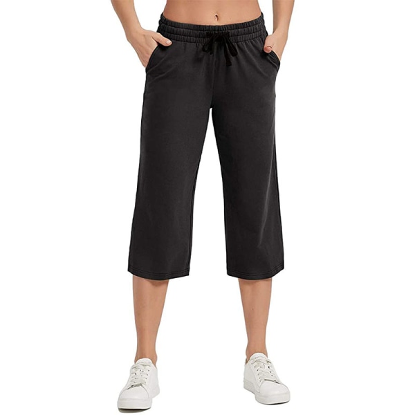 Kvinder Mid Waist Yoga Bukser Løs Sports Elastik Talje Beskåret Black,XL