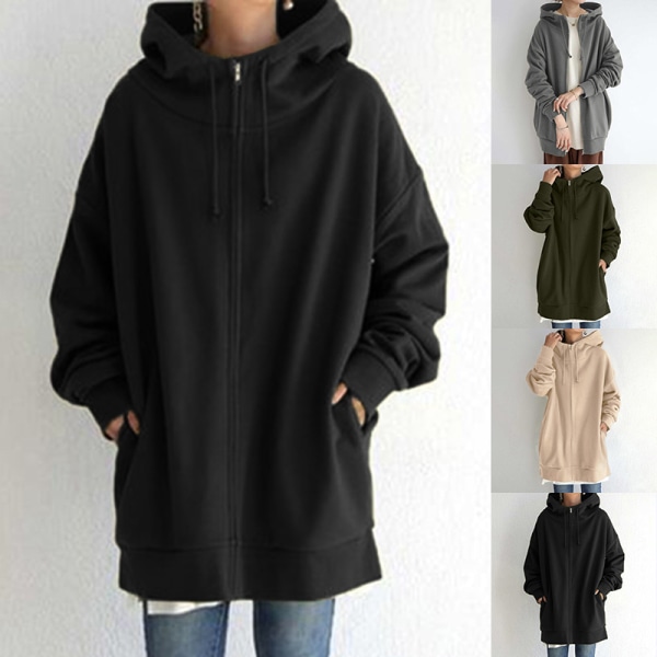 Dame almindelig hættetrøje Langærmet Loose Coat Sweatshirtjakke Gräsgrön 3XL