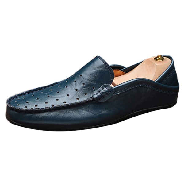 Män Halkfria läderlägenheter Hollow Out Loafers Comfort Slip On Mörkblått-2 38