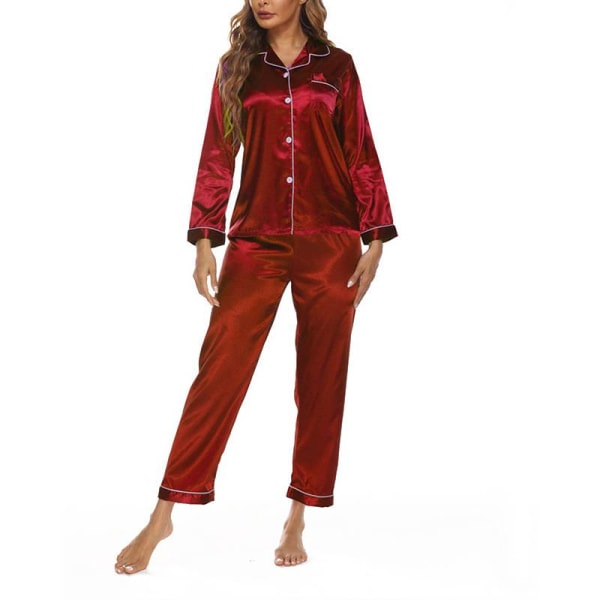 Kvinder Solid Pyjamas Sæt Nattøj Pyjamas Button Casual Suit Red L