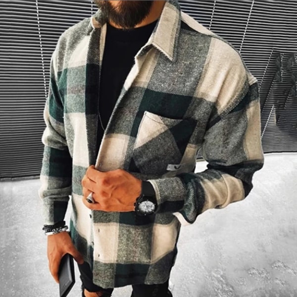 Miesten ruudullinen pitkähihaiset paidat Casual Lapel Streetwear Coat Grön M