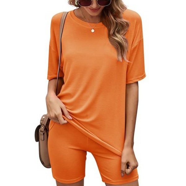 Dam Hemkläder Set Rundhalsad Kortärmad Shorts Pyjamas Orange,M