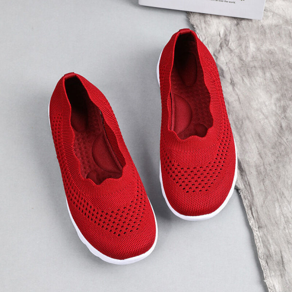 Kvinnor stickade övre mesh lätta sneakers Comfort Casual skor Röd 41