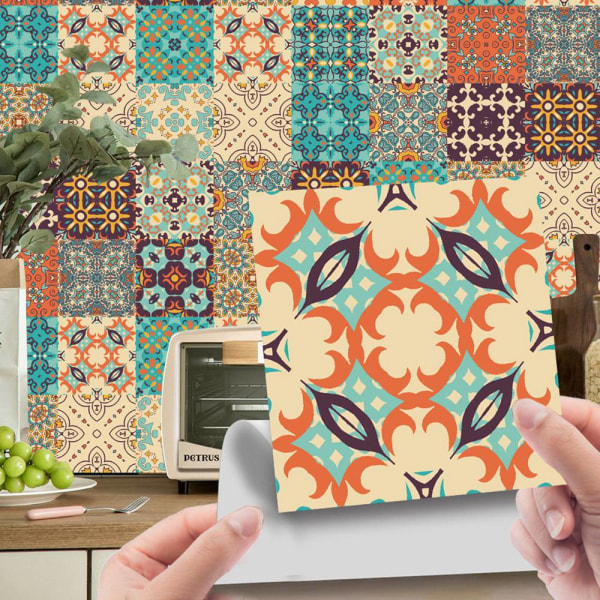 24 bitar av keramiska plattor klistermärken självhäftande väggdekoration 8# Khaki Floral 20x20cm