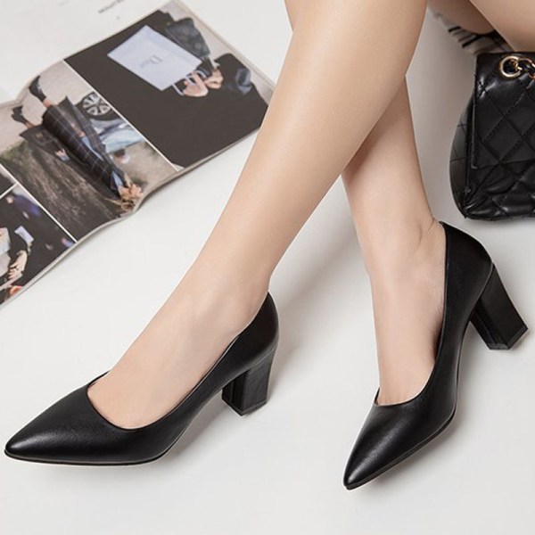 Kvinders Chunky Block Shoes Pumps Pointed Shallow Cut Single Shoe Black 37