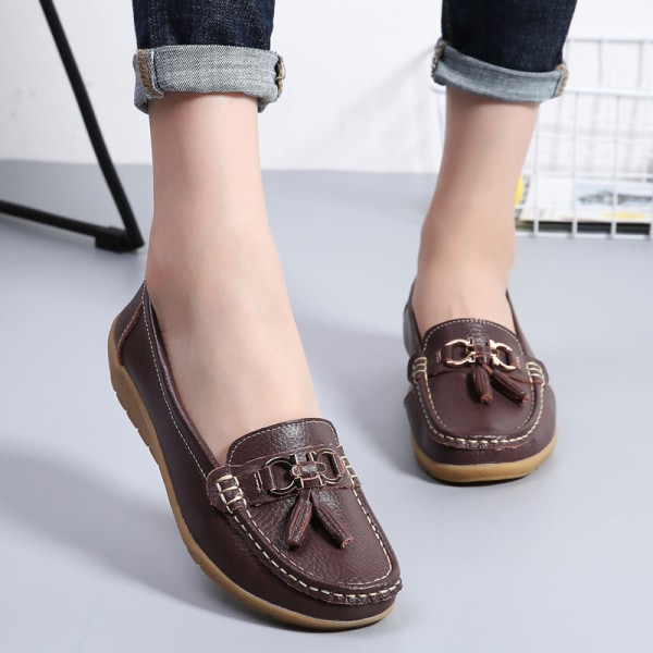 Dame Rund Toe Flats Sko Loafers Mokkasiner Tassel Nurse Coffee 40