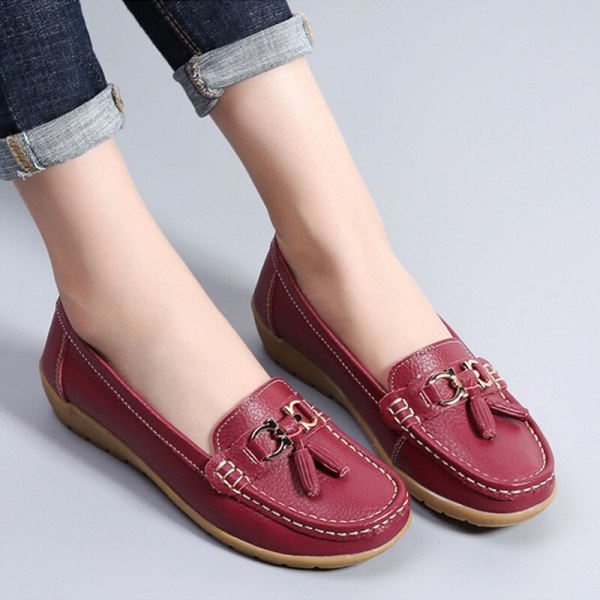 Damer Rund Toe Flats Skor Loafers Mockasiner Tofs sjuksköterska Wine Red 44