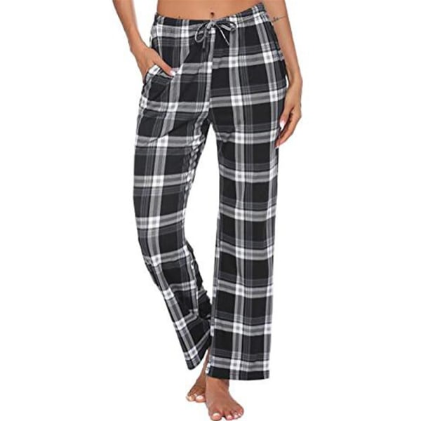 Dame plaid elastiske pyjamasbukser Casual Baggy Loungewear Svart S