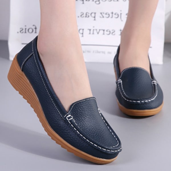 Mor Kvinder Single Sko Loafers Middelalder Slope Hæl Casual Dark Blue 36