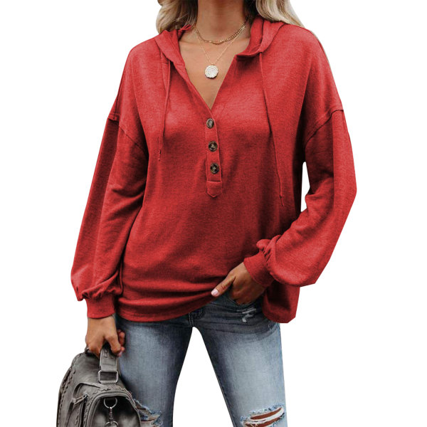Damer Casual Hood Pullover Dam Button Up Blus T-shirt Red S