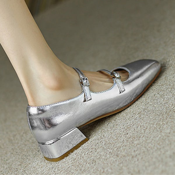Kvinder Square Head Shoe Comfort Flats Snørebånd Dance Ballets Girl Silver 34