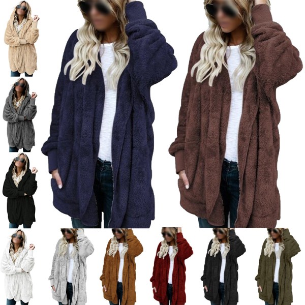 Warm Teddy Bear Fluffy Coat Dam Hooded Fleece Jacka Svart 4XL