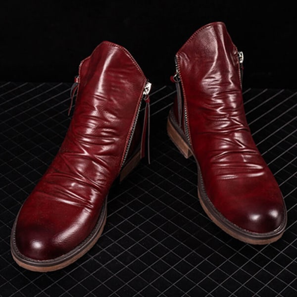 Mens Casual Rund Toe Läder Boot Business Non Slip Dress Boots Vin, röd 46