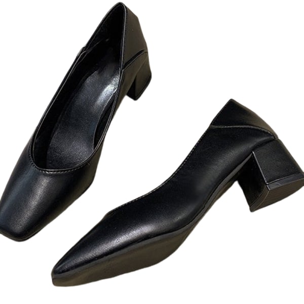 Kvinder Square Head Mid Block Heel Shoe Pumps Slip On Work Office Black 38