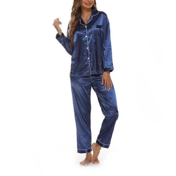 Kvinder Solid Pyjamas Sæt Nattøj Pyjamas Button Casual Suit Lake Blue XXL