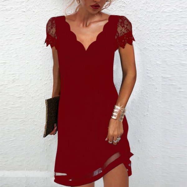 Kvinnor Beach Mini Dress Plain Holiday Summer V-Neck kort ärm Red 2XL