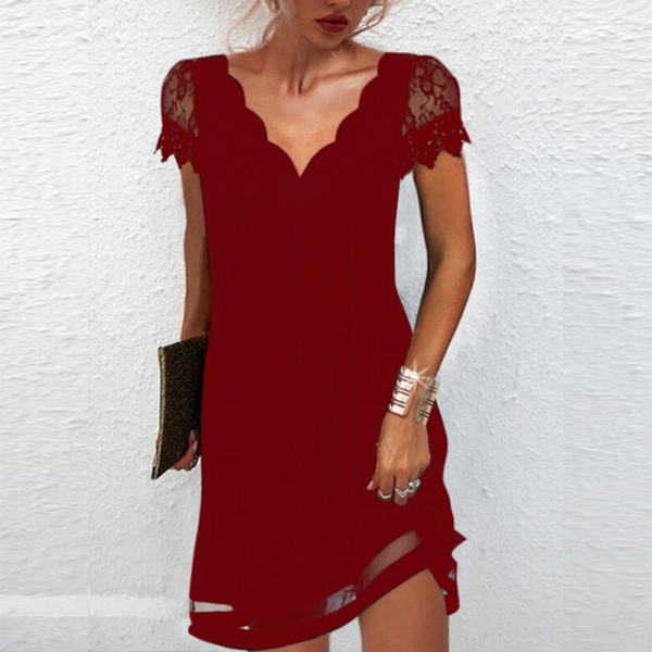 Kvinnor Beach Mini Dress Plain Holiday Summer V-Neck kort ärm Red 3XL