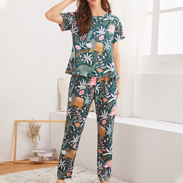 kvinder sommer pyjamas sæt rund hals blomstret plaid loungewear Botanical Garden L